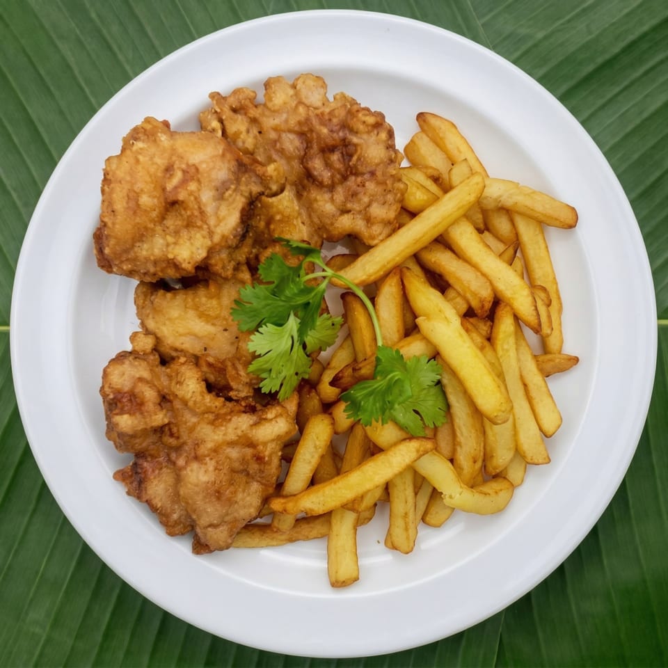 Crispy fried chicken pieces and golden french fries garnished with cilantro on a white plate.