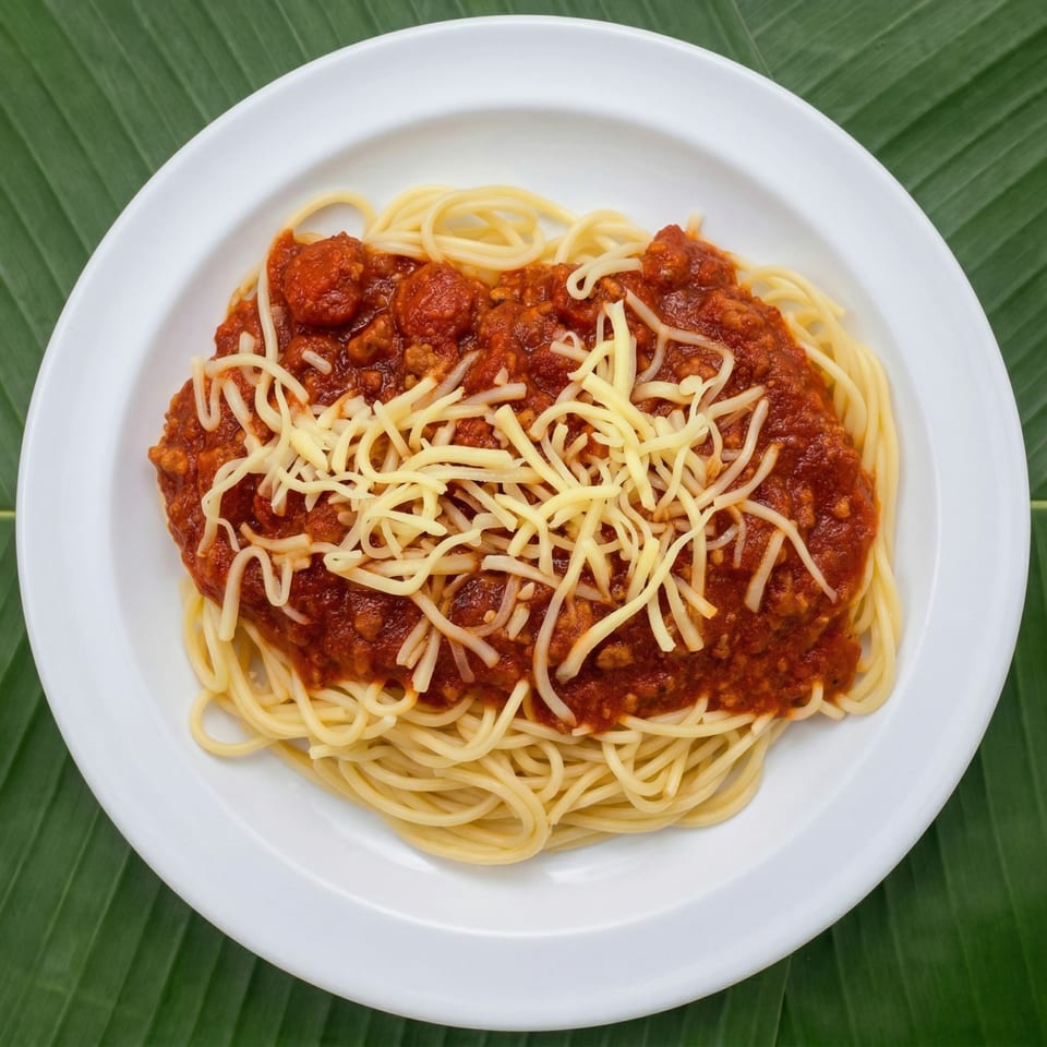 A white plate of spaghetti with red meat sauce and shredded cheese on a green banana leaf.