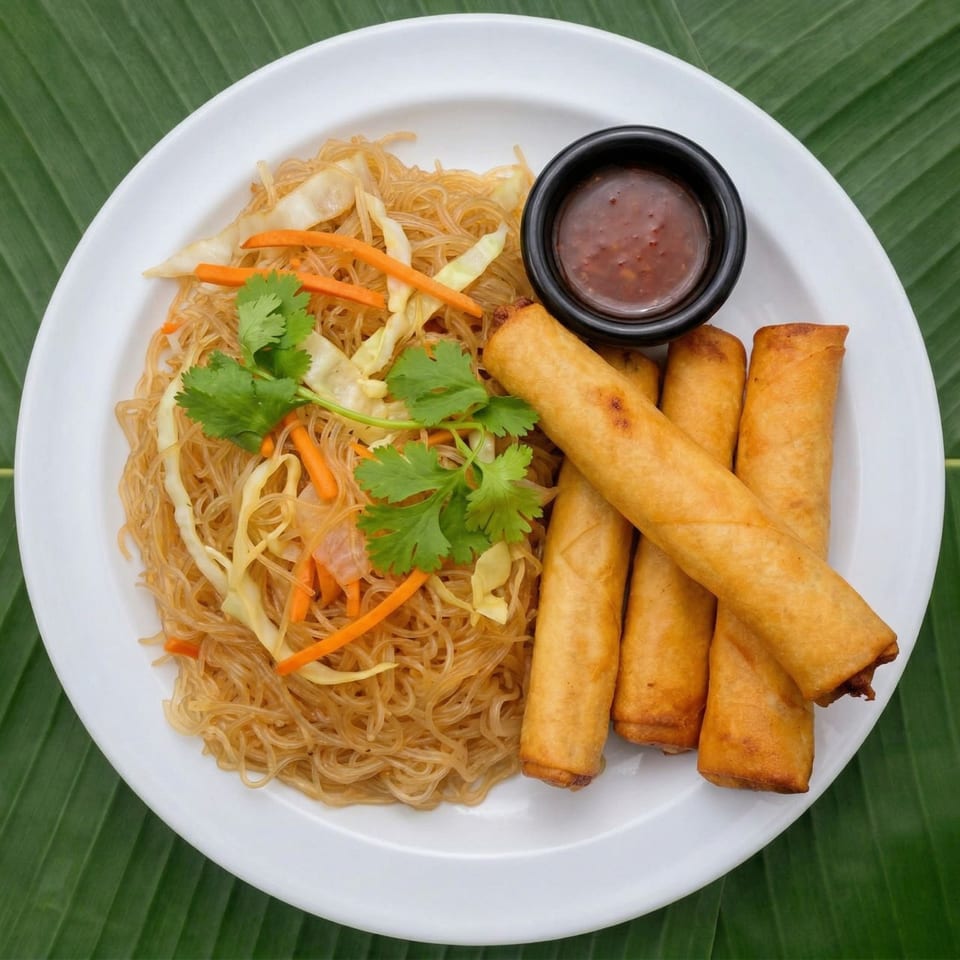 A white plate with pancit bihon noodles, spring rolls, and a small dish of dipping sauce.