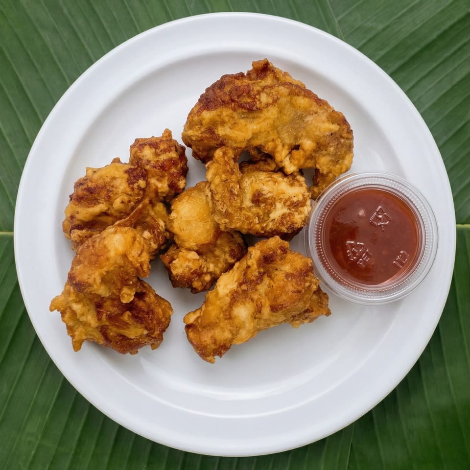 Crispy fried chicken pieces and a small container of dipping sauce on a white plate over a banana leaf.
